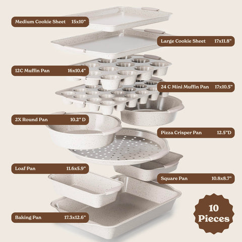 Country Kitchen cream bakeware nested in cabinet to show compact storage.