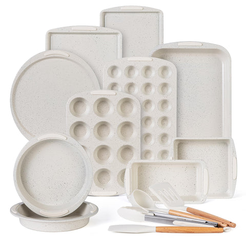 Country Kitchen nonstick stackable bakeware set in cream, easy release for everyday baking.