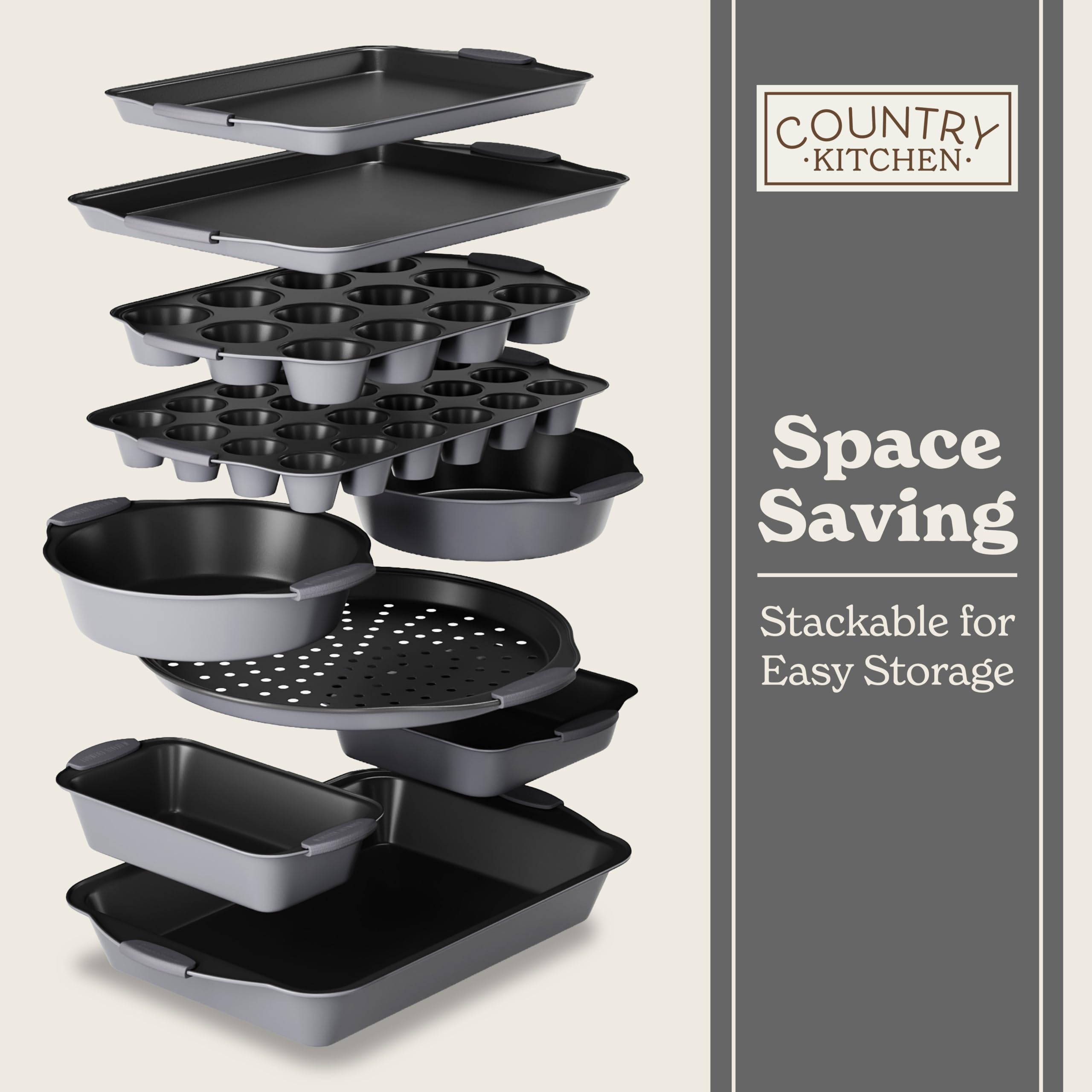 Country Kitchen nonstick stackable bakeware set silicone handles for safe transfers