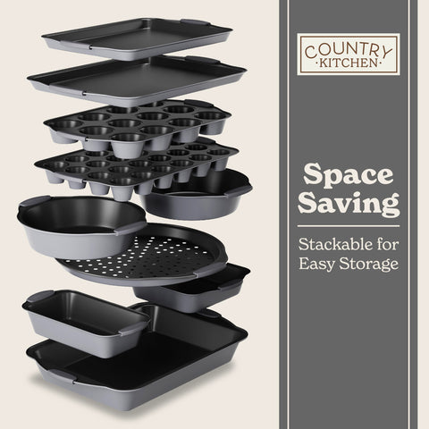 Country Kitchen nonstick stackable bakeware set silicone handles for safe transfers