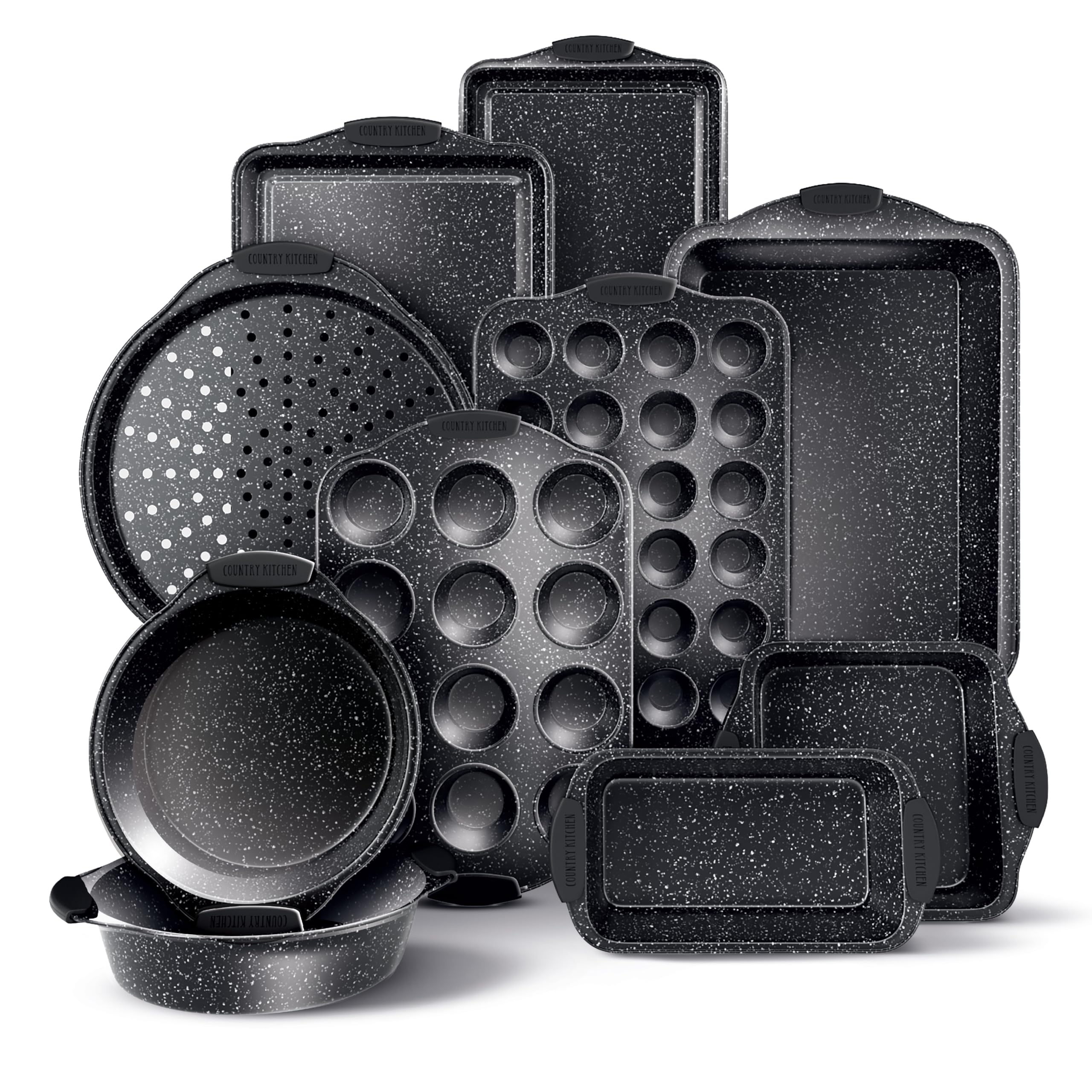 Country Kitchen nonstick stackable bakeware set for space-saving storage and easy release.