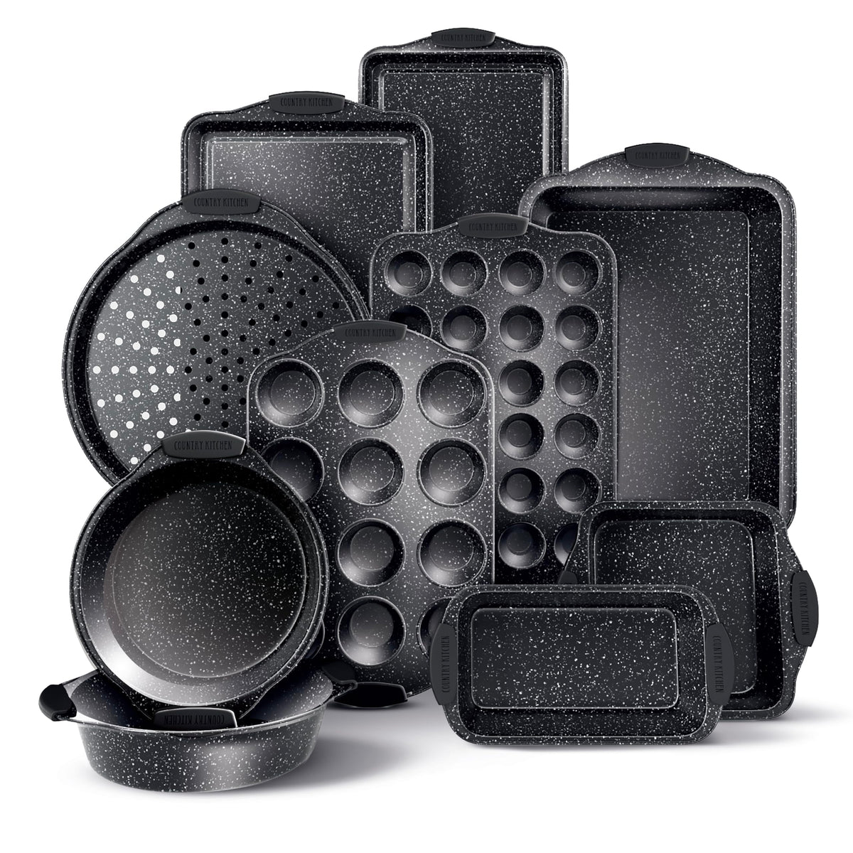 Country Kitchen nonstick stackable bakeware set for space-saving storage and easy release.