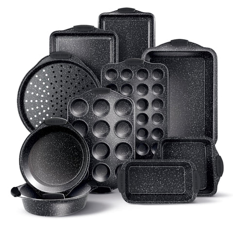 Country Kitchen nonstick stackable bakeware set for space-saving storage and easy release.