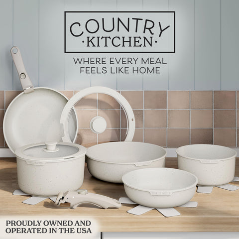Country Kitchen oven-safe pots and pans for versatile meals.