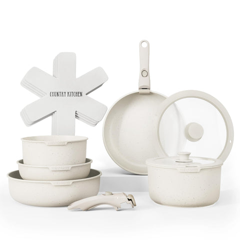 Country Kitchen removable-handle cookware set enables easy transport.