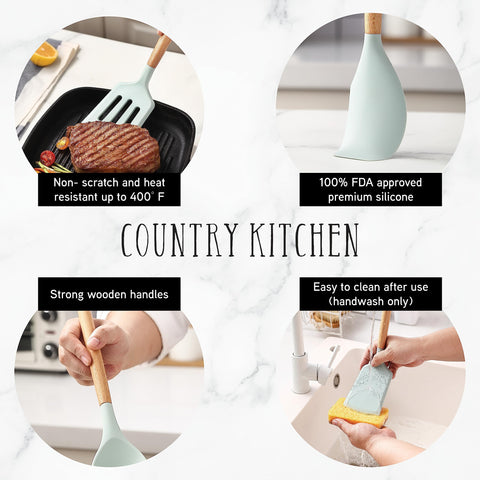 Country Kitchen utensils with rounded wood handles provide a comfortable grip