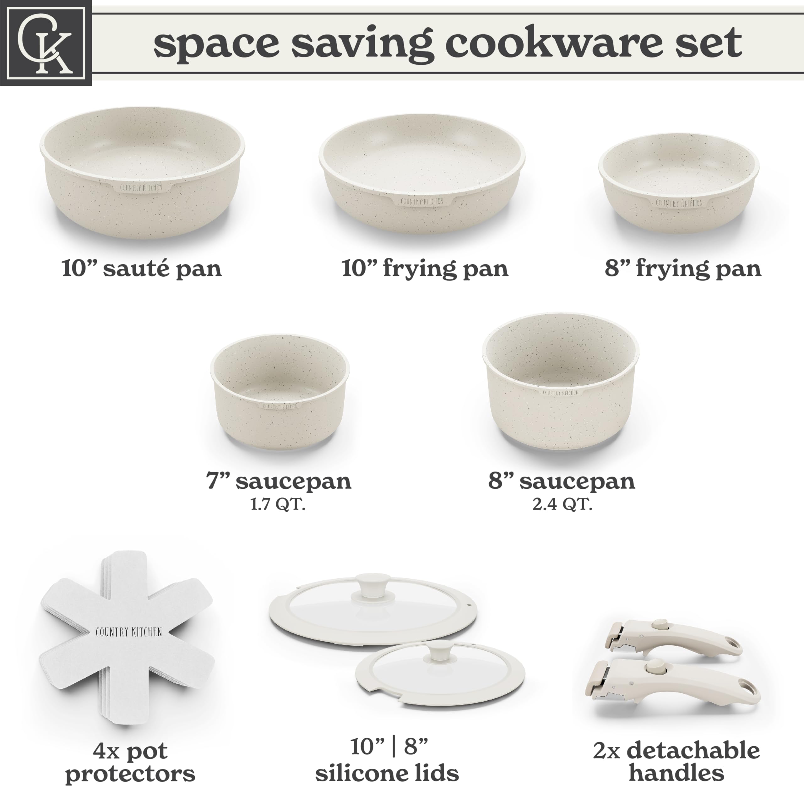 Country Kitchen RV-safe cookware supports on-the-road cooking convenience.