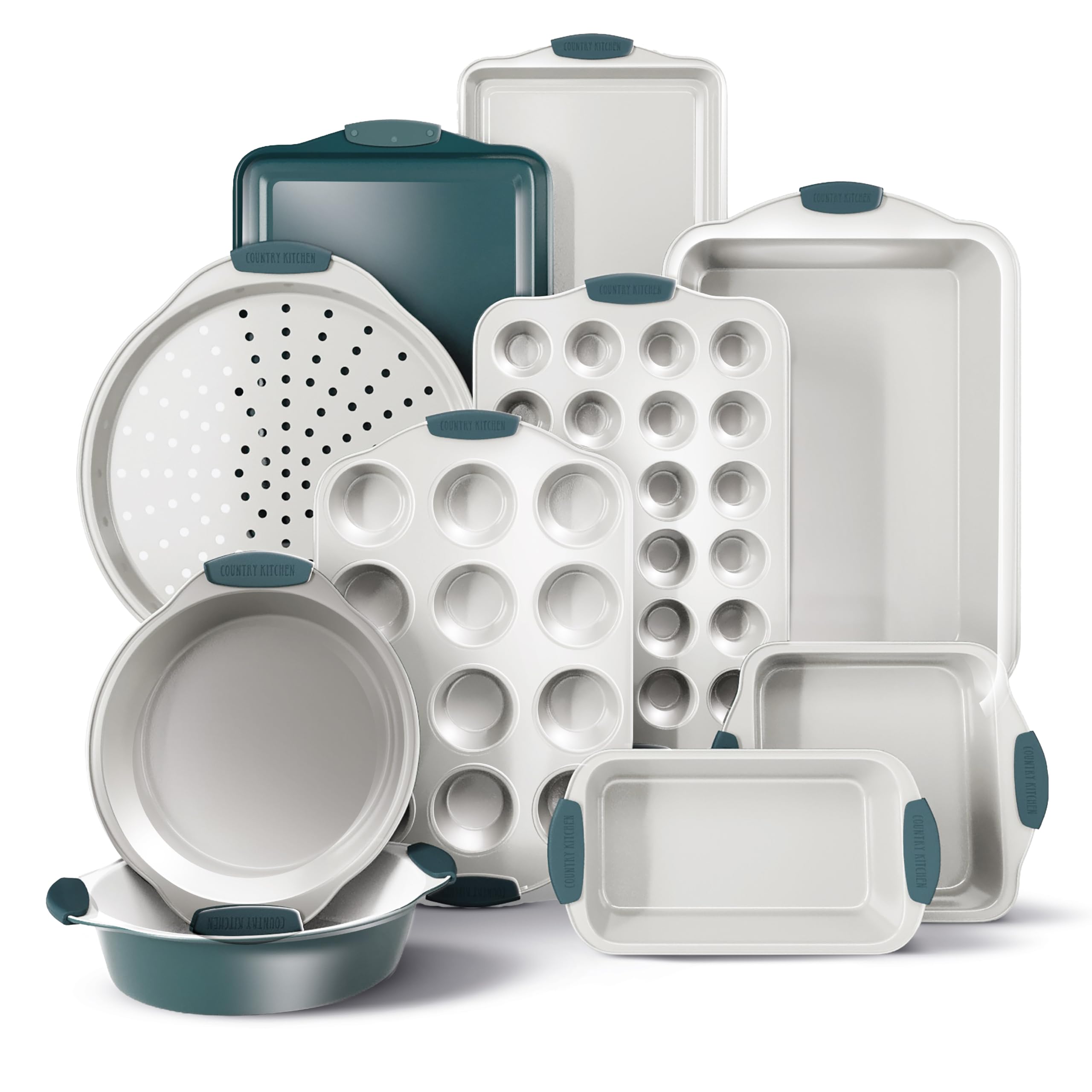 Country Kitchen Sage nonstick stackable bakeware set enables space-saving storage and easy release.