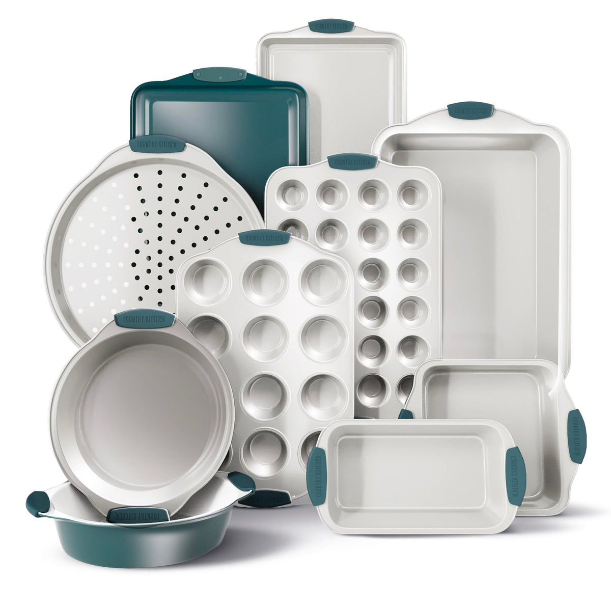 Country Kitchen Sage nonstick stackable bakeware set enables space-saving storage and easy release.