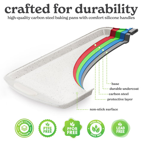 Country Kitchen silicone handles in cream provide secure grip during oven transfer.