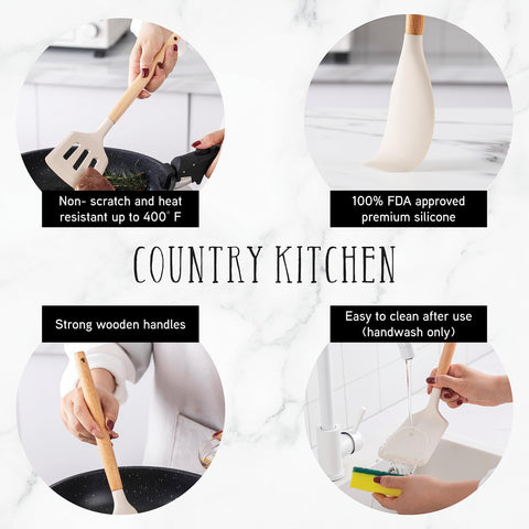Country Kitchen slotted spoon and tongs for safe, scratch-free cooking.
