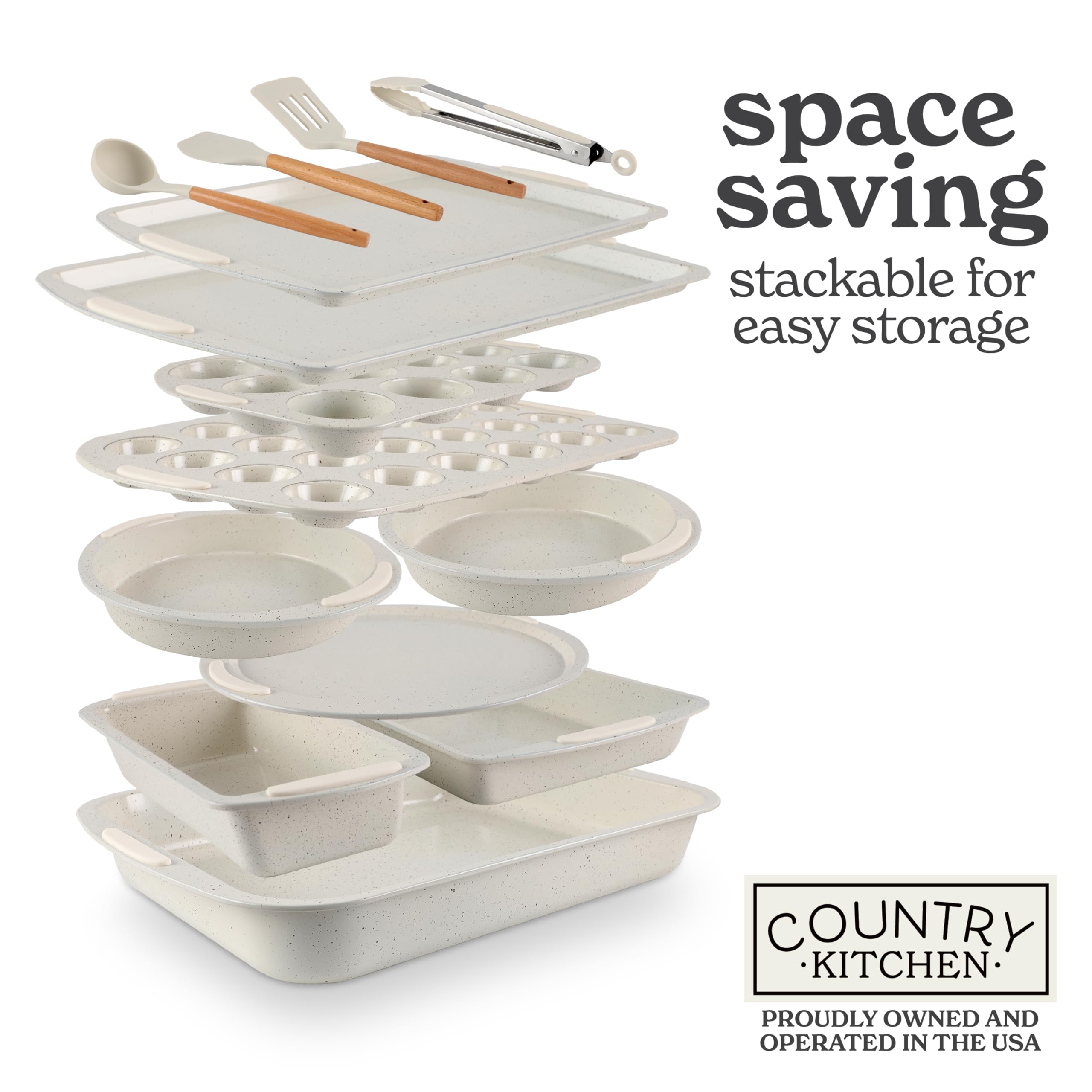 Country Kitchen space-saving bakeware in cream ideal for compact kitchens.