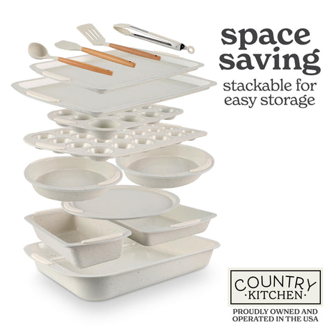 Country Kitchen space-saving bakeware in cream ideal for compact kitchens.