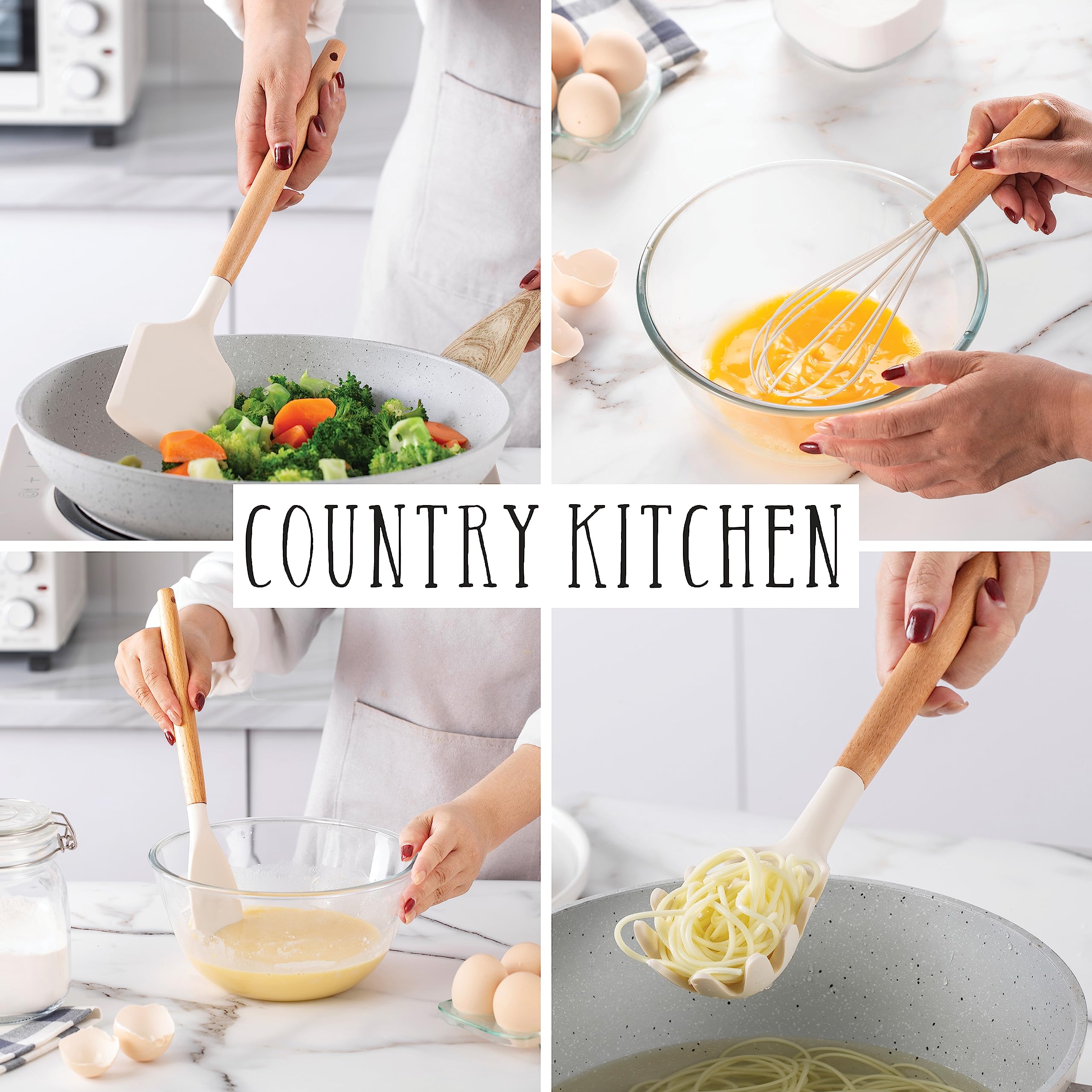 Country Kitchen spatula and spoons array atop clean counter ready