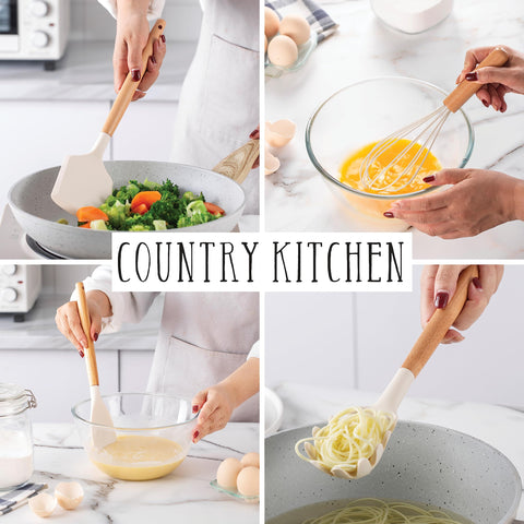 Country Kitchen spatula and spoons array atop clean counter ready