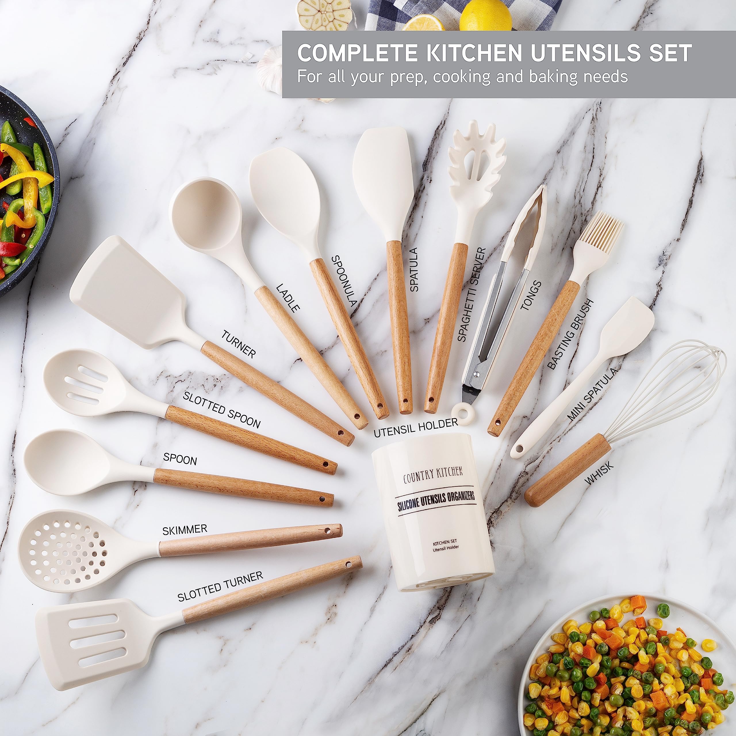 Country Kitchen spoon and silicone utensil set protects nonstick cookware.