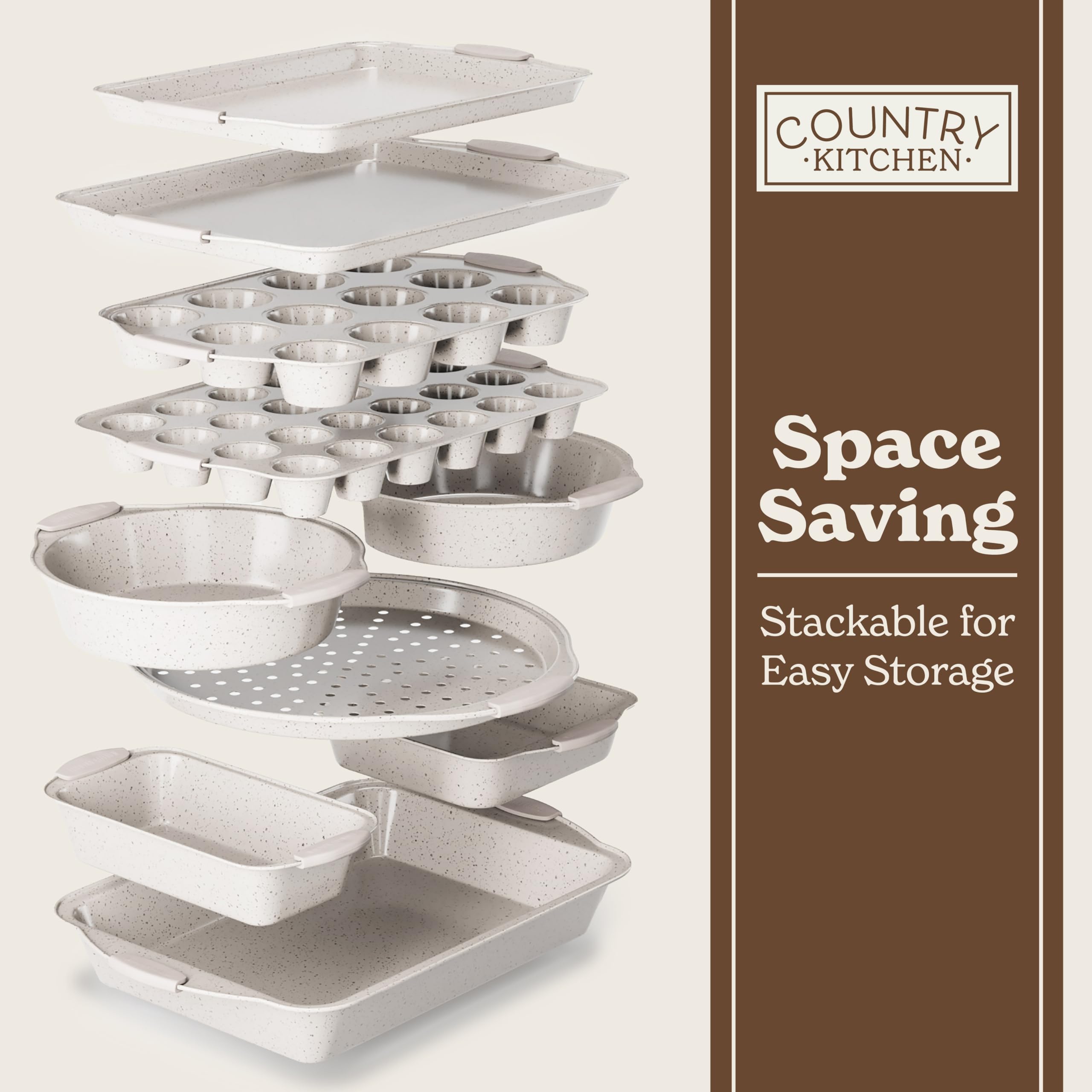 Country Kitchen stackable bakeware on shelf keeps kitchen organized.
