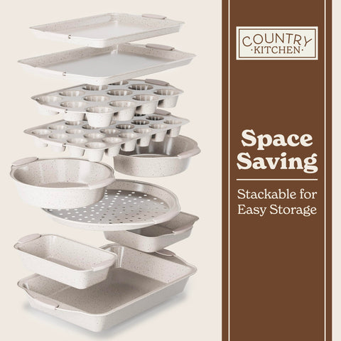 Country Kitchen stackable bakeware on shelf keeps kitchen organized.