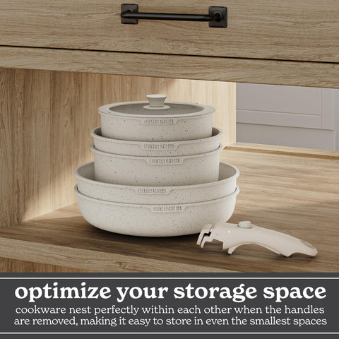 Country Kitchen stackable design saves cabinet space.