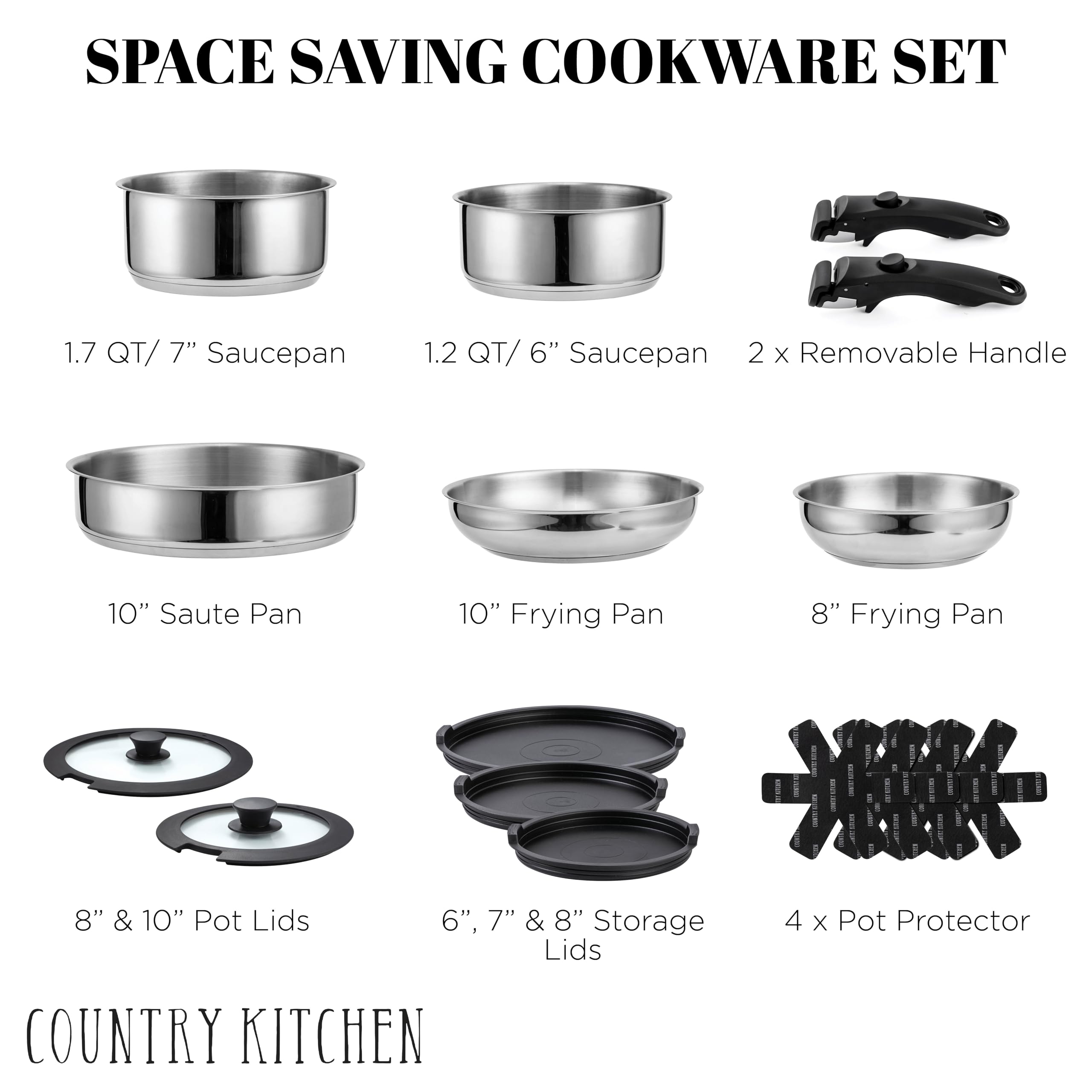 Country Kitchen stainless-steel pots and pans with even-heat performance