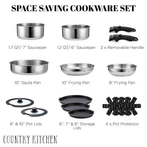 Country Kitchen stainless-steel pots and pans with even-heat performance