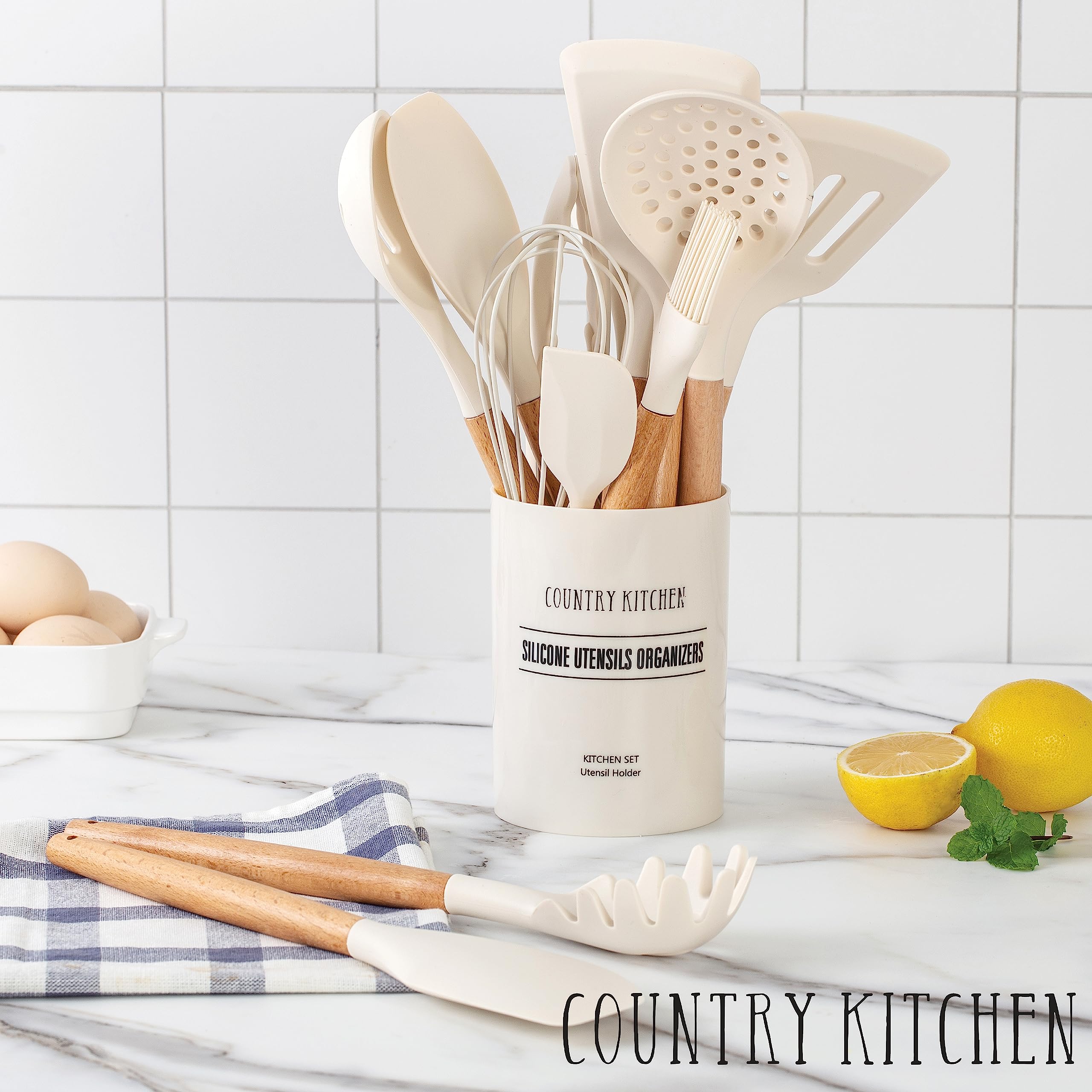Country Kitchen wooden-handled utensils close-up showing comfortable grip.