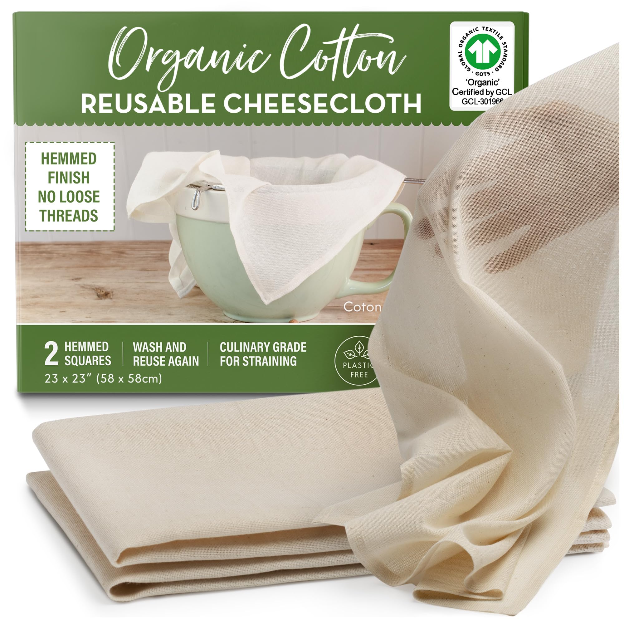 Country Trading Co cheesecloth 23x23 square, hemmed for easy large-bowl strainings.