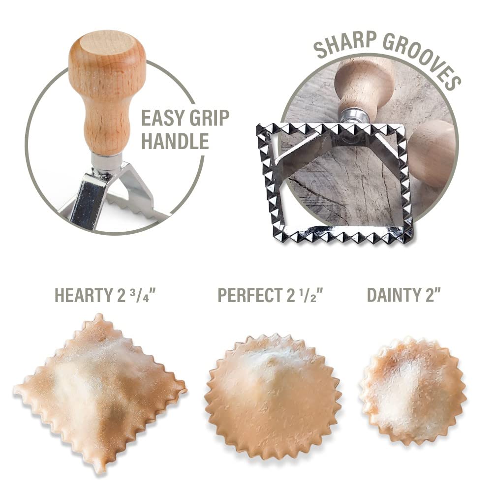 Country Trading Co ravioli cutter trio with large square stamp and round mold; enables varied shapes.