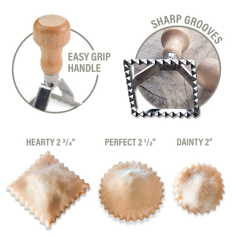Country Trading Co ravioli cutter trio with large square stamp and round mold; enables varied shapes.