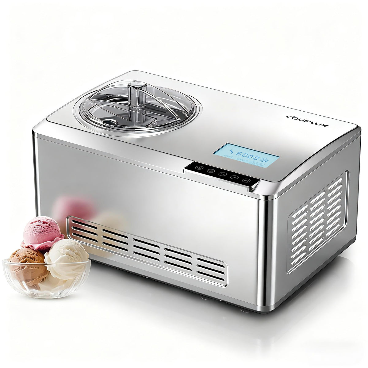 COUPLUX Ice Cream Maker front view with built-in compressor for ultra-fast chilling.