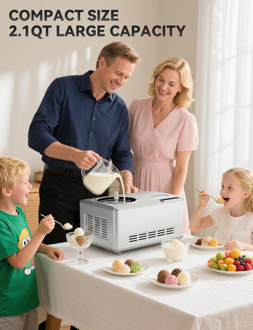 COUPLUX Ice Cream Maker operates quietly on a countertop.