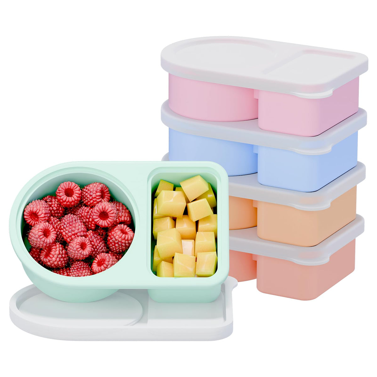 coutnier Snackle Box shows two compartments with rectangular and round shapes for easy portion control.