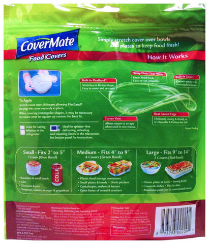 CoverMate stretch-to-fit bowl cover stretches over bowls for mess-free reheating.