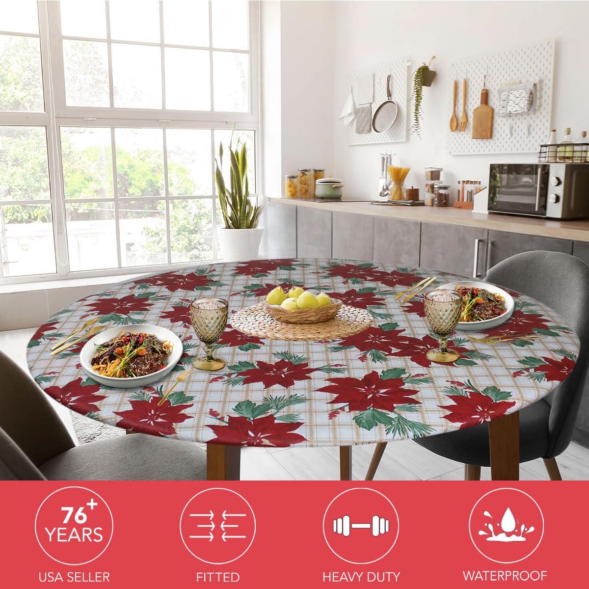 Covers For The Home Christmas flowers pattern vinyl table cover highlights festive decor on a round table.