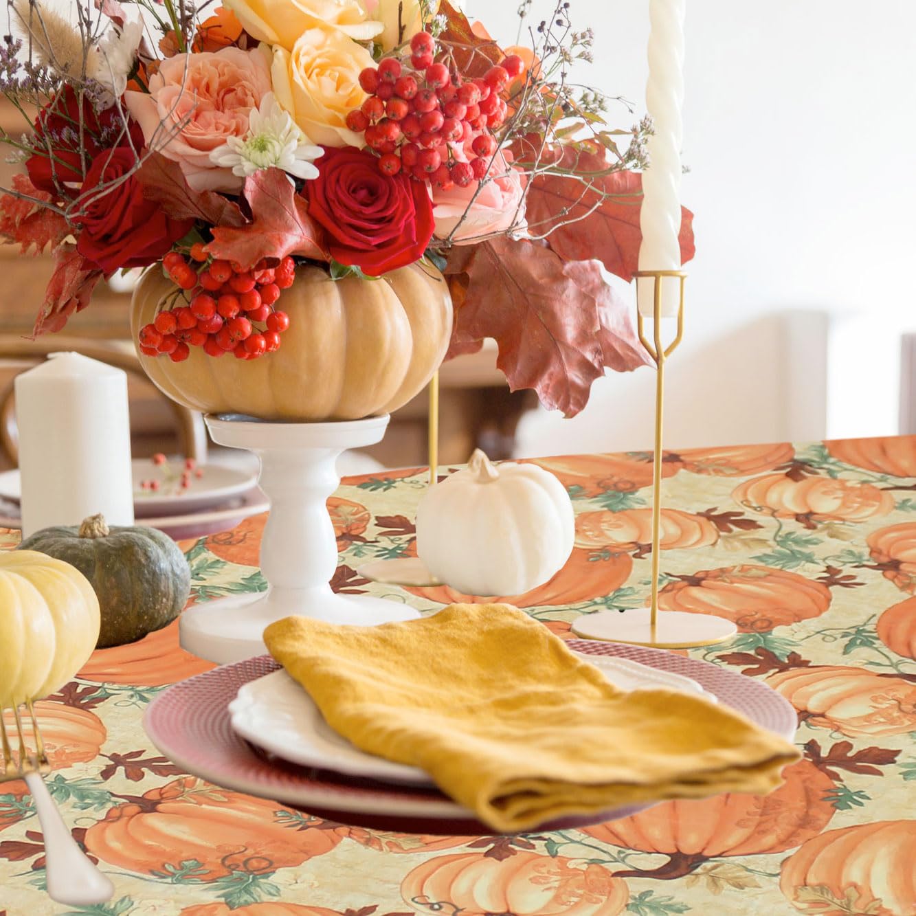 Covers For The Home pumpkin-pattern holiday dining setup adds festive style