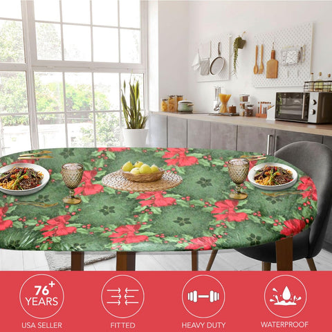 Covers For The Home elastic-edge holly-pattern table cover securely fitting a round table