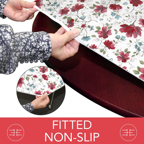 Covers For The Home vinyl-backed round cover guards against scratches during meals