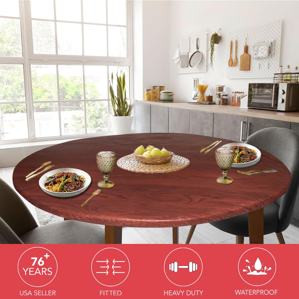 Covers For The Home elastic-edged table cover provides a snug fit to reduce slips during meals