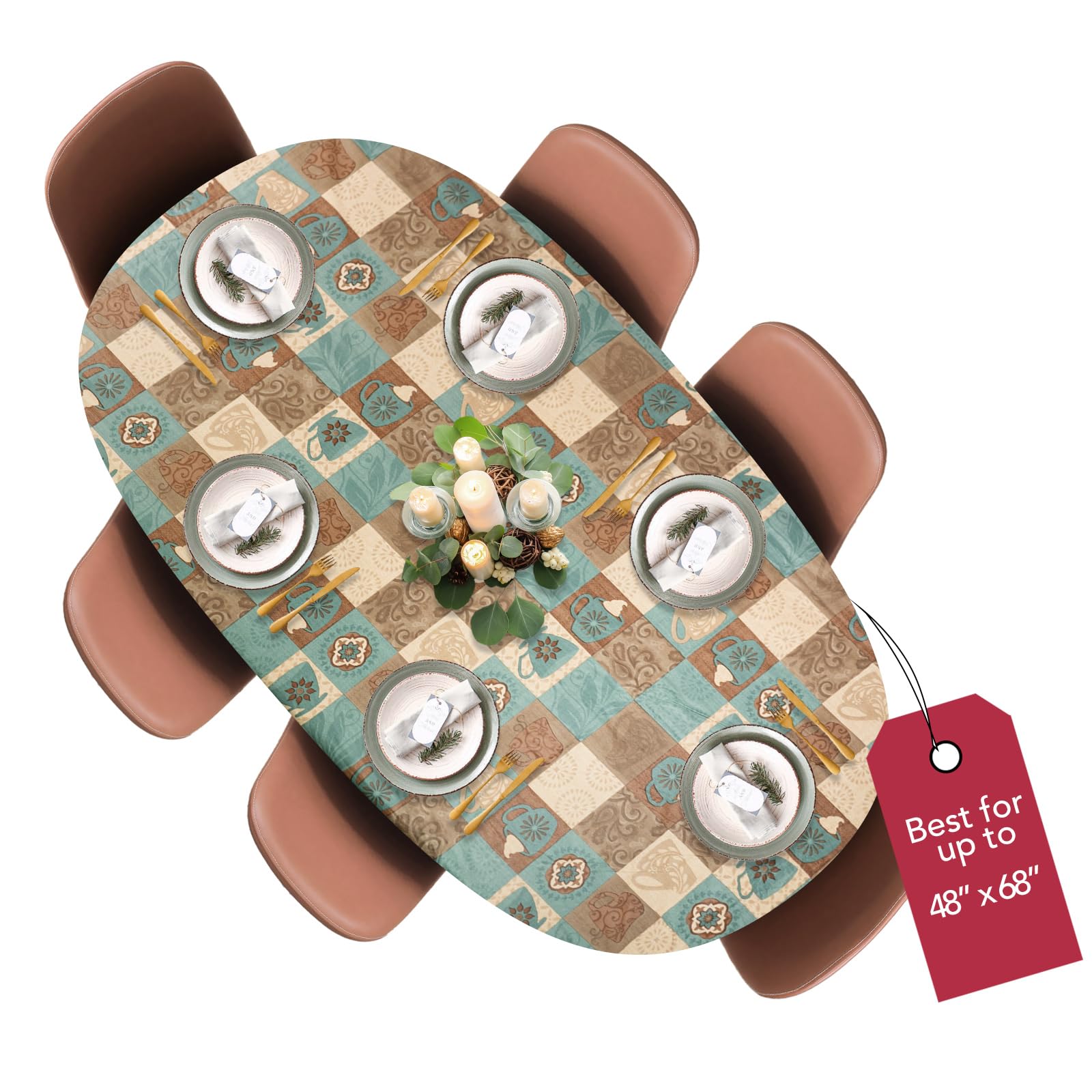 Covers For The Home global coffee pattern round table cover protects surfaces during meals.