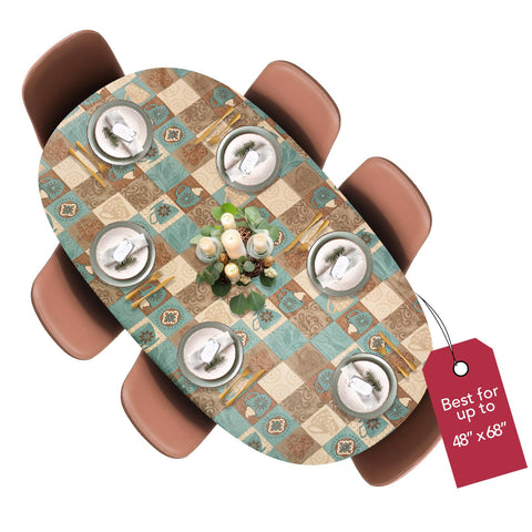 Covers For The Home global coffee pattern round table cover protects surfaces during meals.