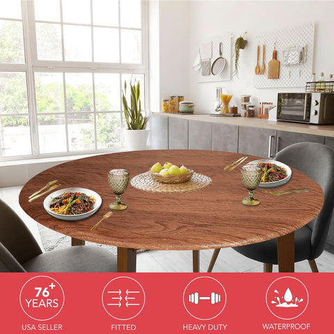 Covers For The Home woodgrain oak round table cover protects surfaces while blending with decor.
