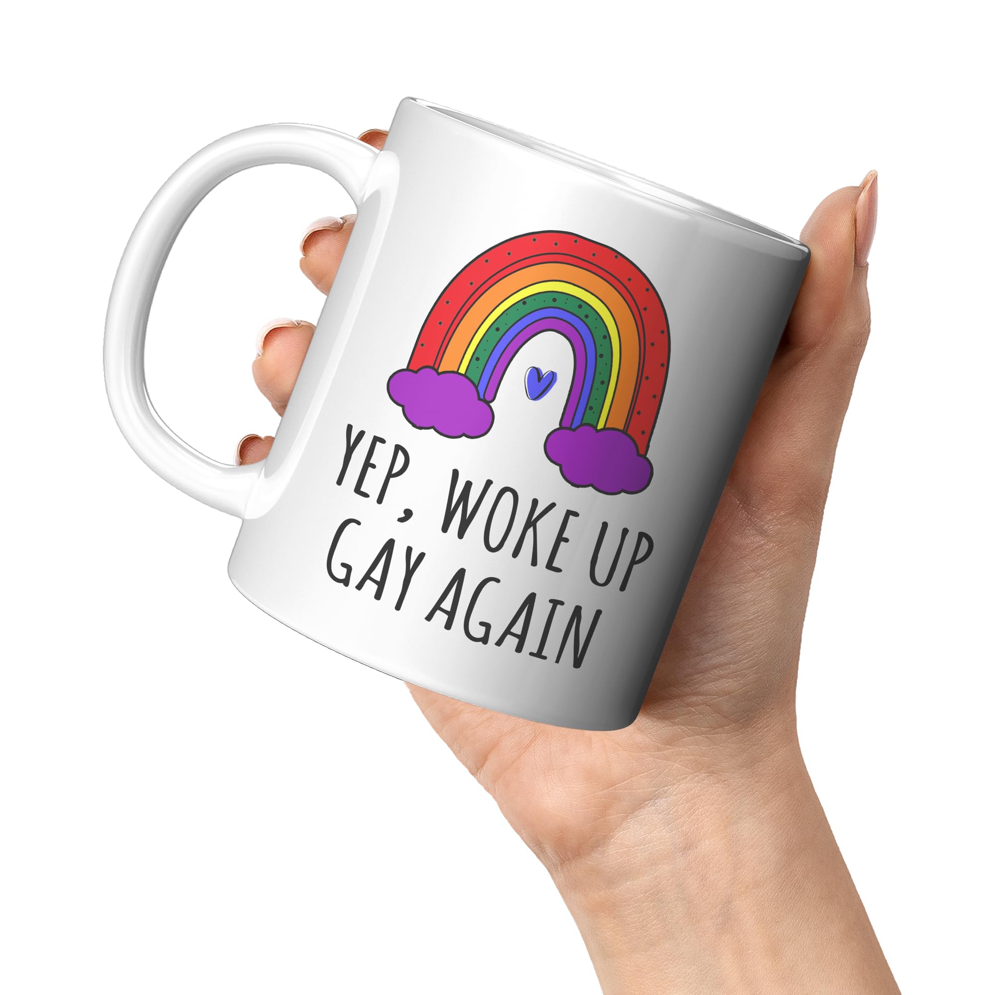 Coveted Goods Yep Woke Up Gay Again mug rainbow detail highlights vibrant colors