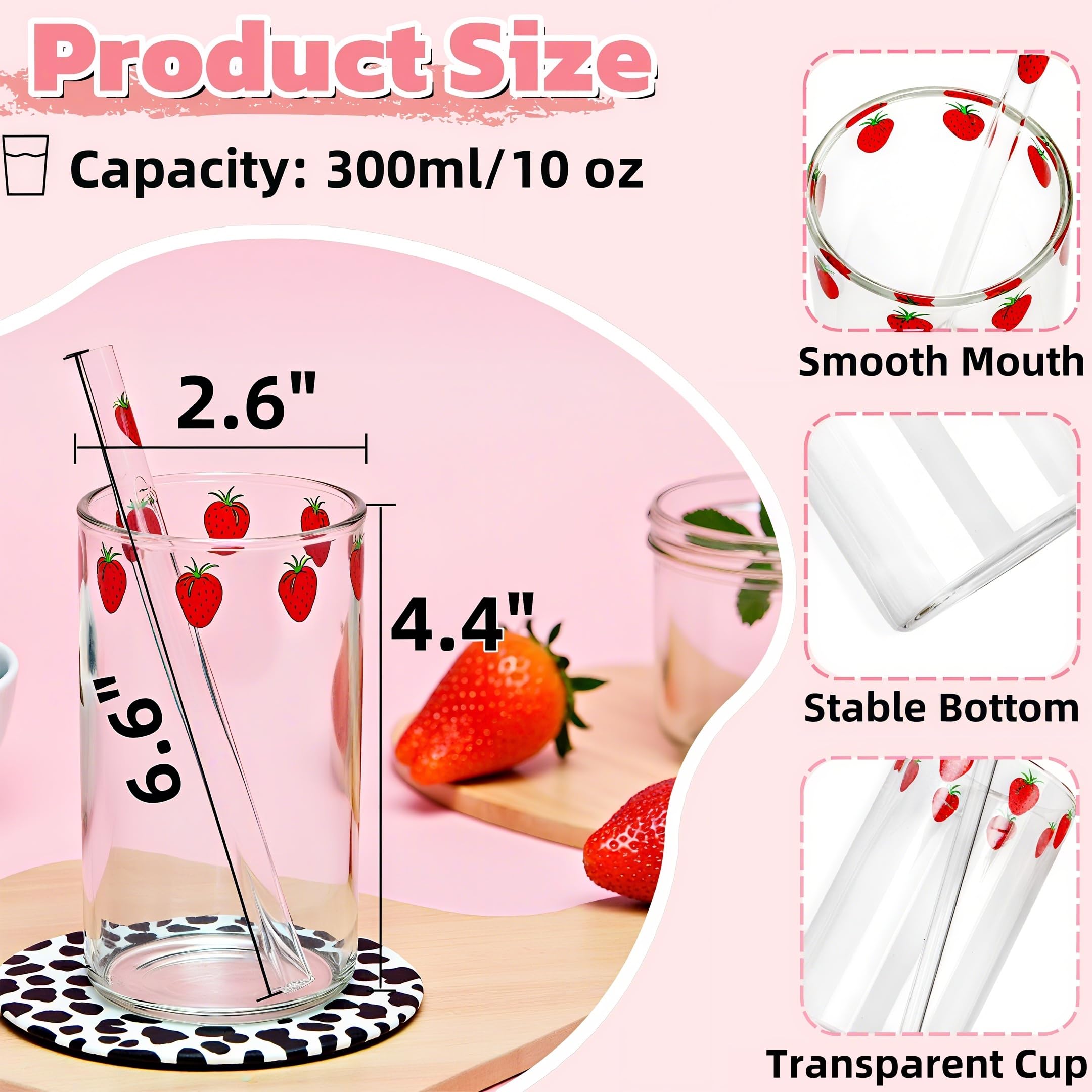 Covzoe strawberry pattern details on glass cups add cute charm.