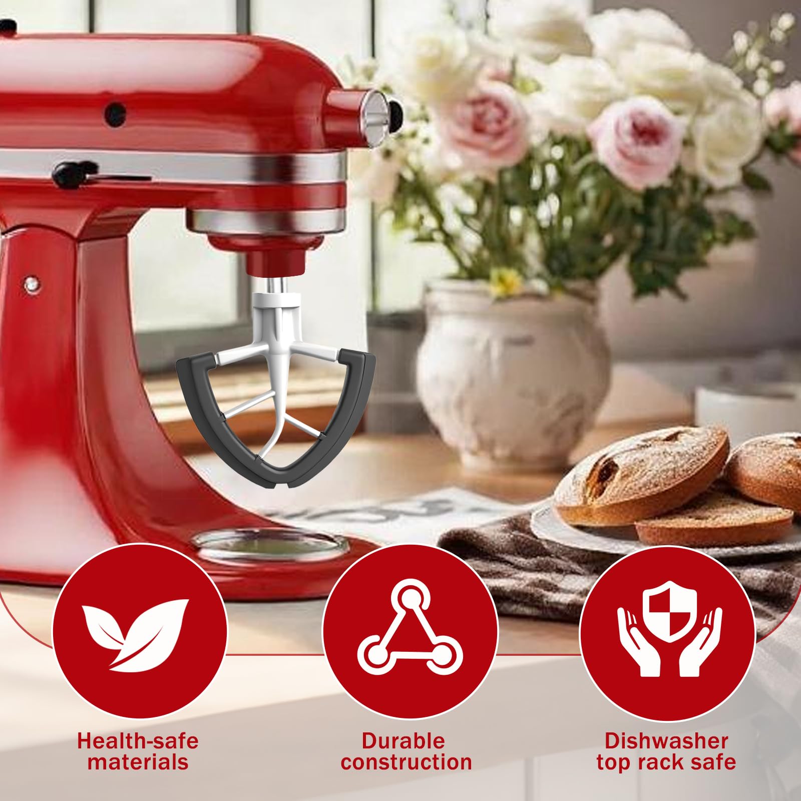 Dough and batter being mixed with flexible edge in action by Cowbright beater