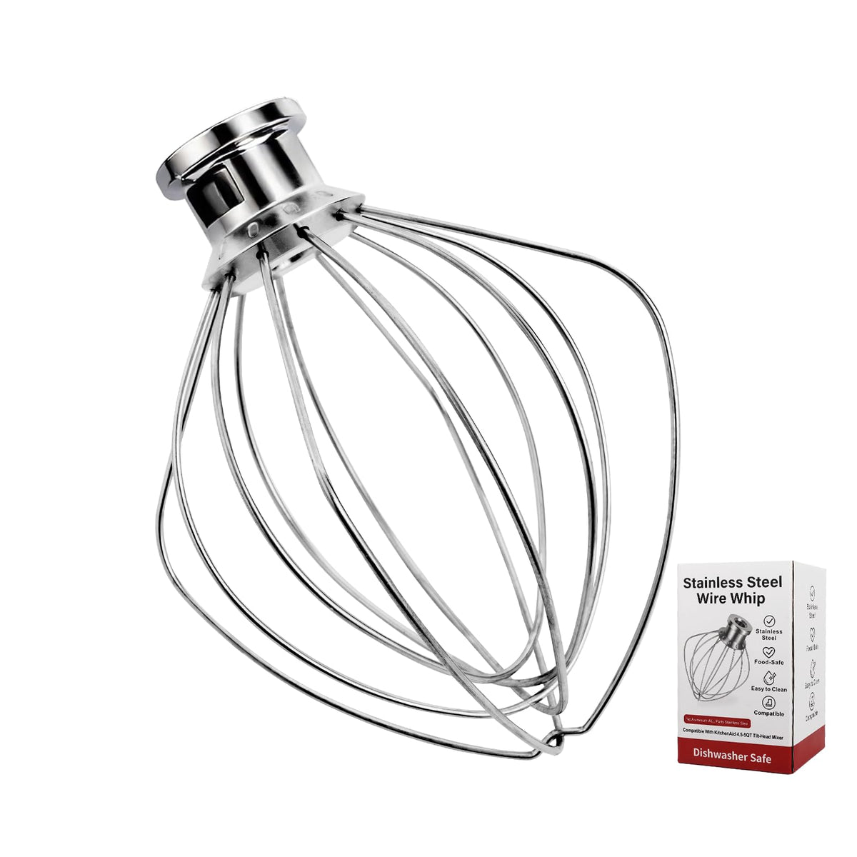 Cowbright K45WW whisk attachment in stainless steel for KitchenAid, easy cleanup.