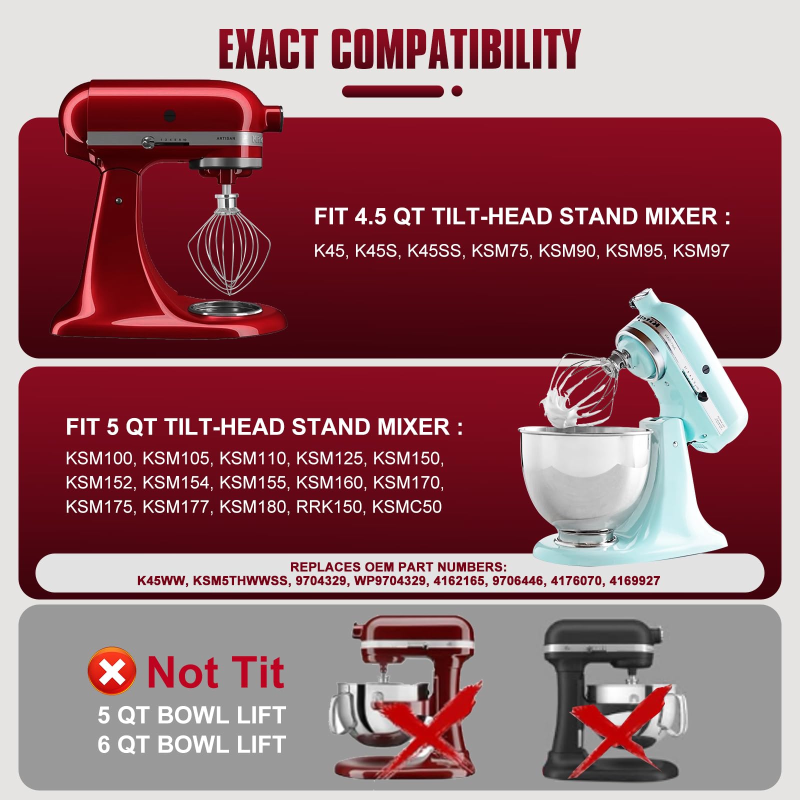 Cowbright whisk fits KitchenAid tilt-head models with fast snap-on installation.