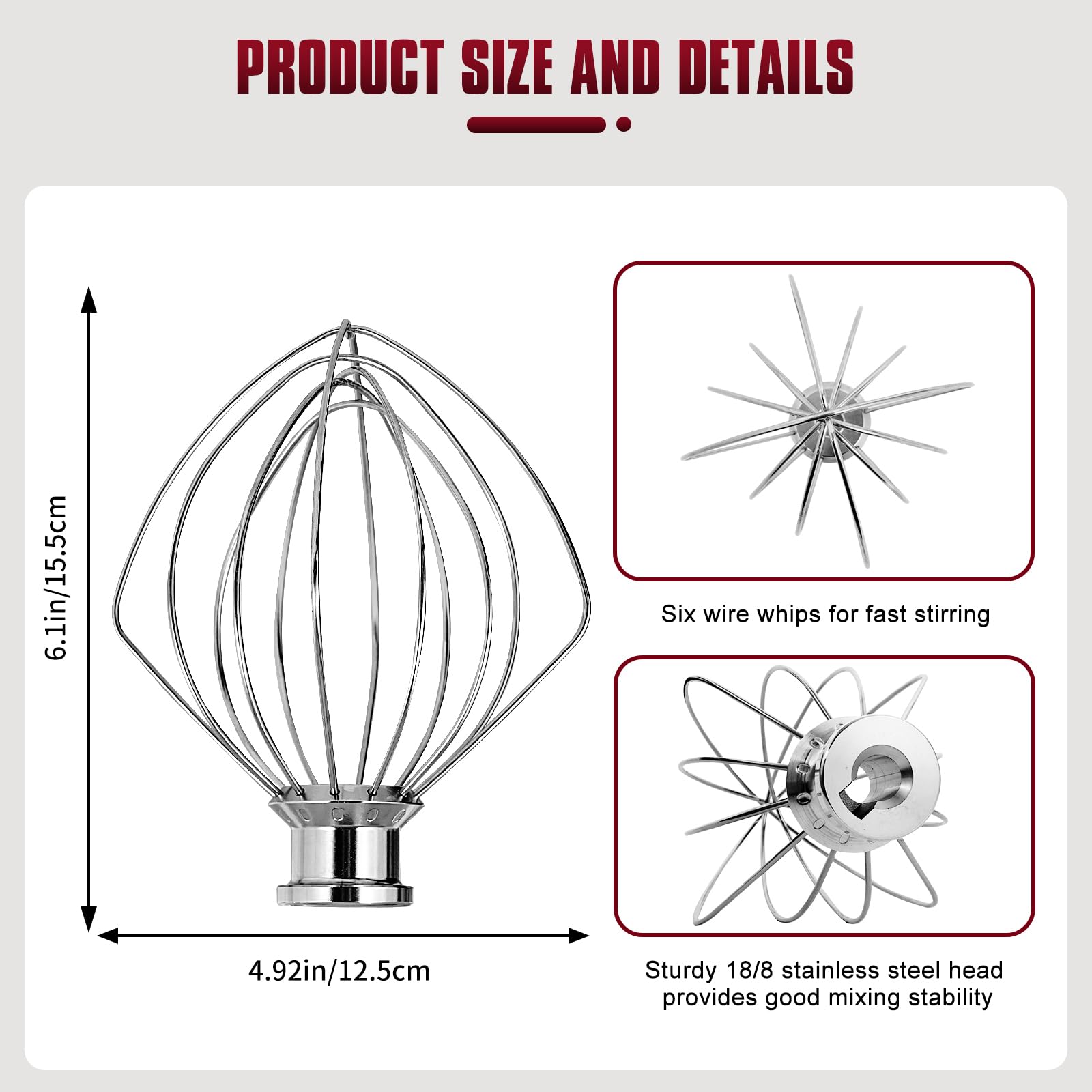Six-wire design delivers airy textures for whipped toppings and light frostings.