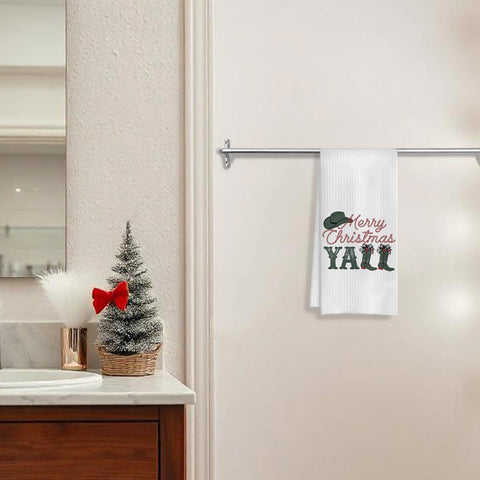 COWEB Merry Christmas towels farmhouse decor styling for cozy dining area.