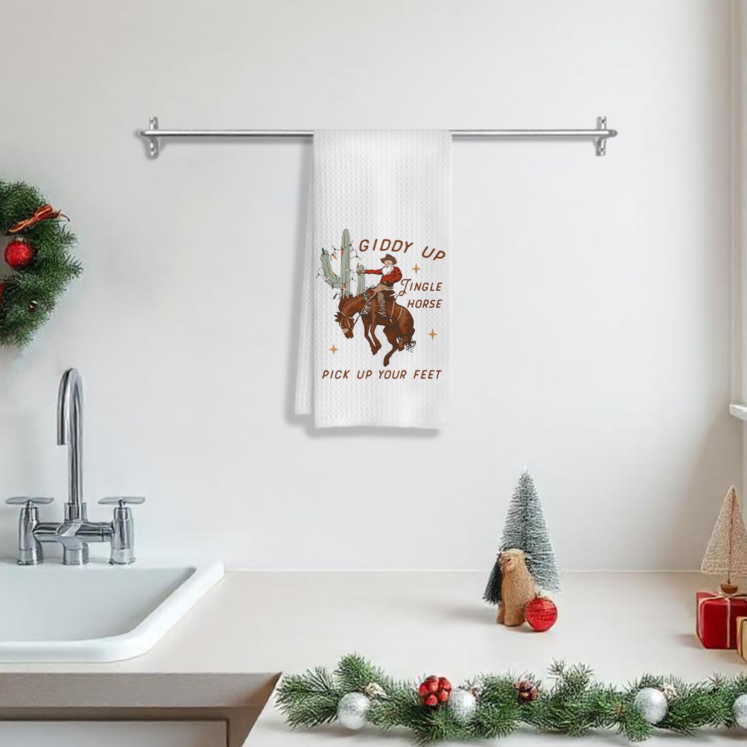 COWEB Western Christmas towels draped on rail decorative and ready for use