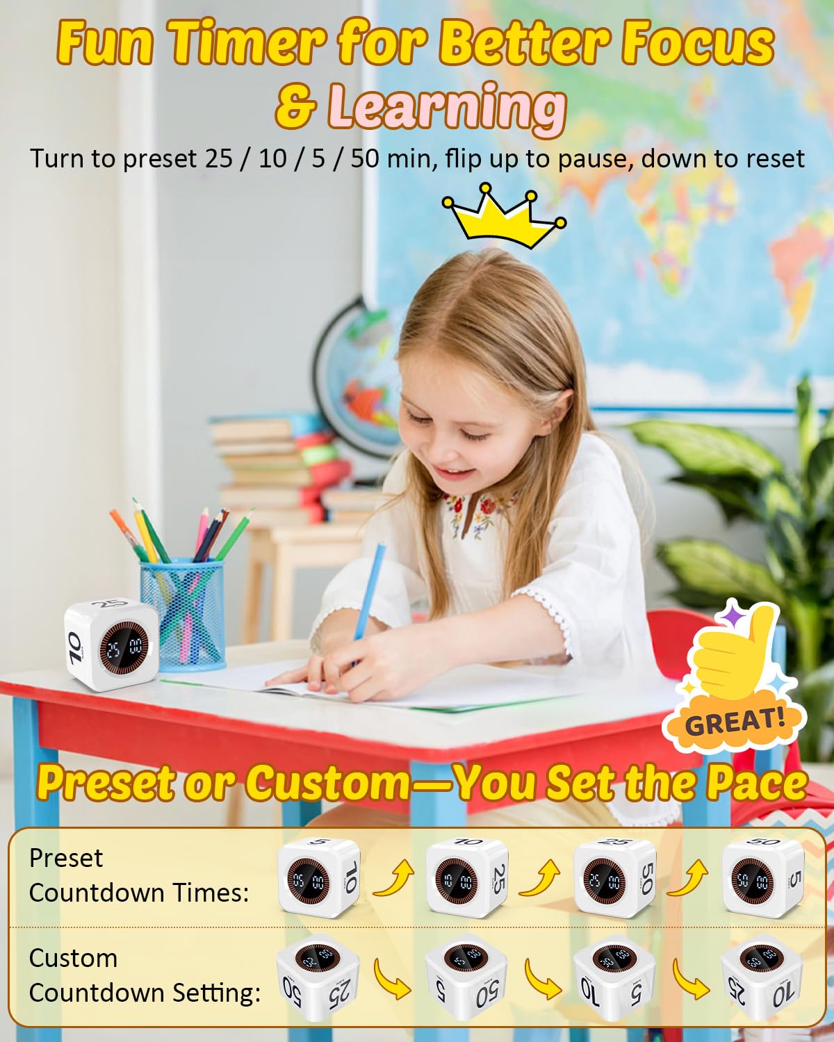 COWVTUJ timer cube shows a 5-minute interval for quick tasks.
